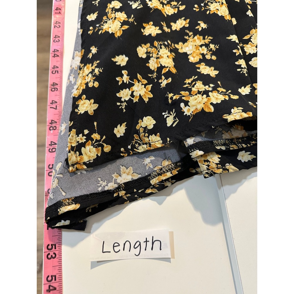 Floral Midi Dress Black Yellow Cottagecore Long Balloon Sleeve Slit L Babydoll - Picture 7 of 12